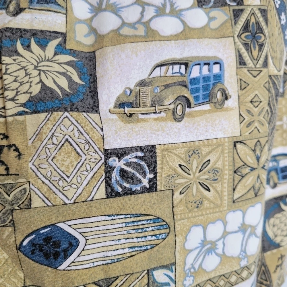 VTG Mens L Brown Tribal Geometric Surfboard Van Pineapple Aloha Camp Shirt Beach